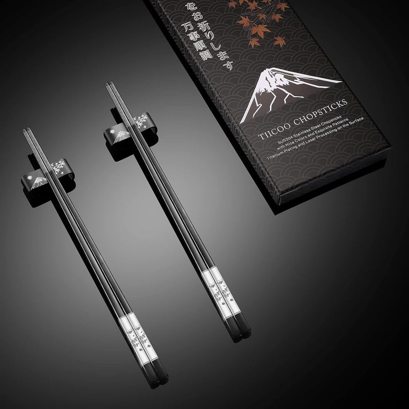 TANiCOO Premium 304 Stainless Steel Chopsticks Set - 2 Pairs Titanium Plated Japanese Style with Laser Engraved Design, Dishwasher Safe, Non-Slip Grip, Elegant Gift Box (Black) - Image 4