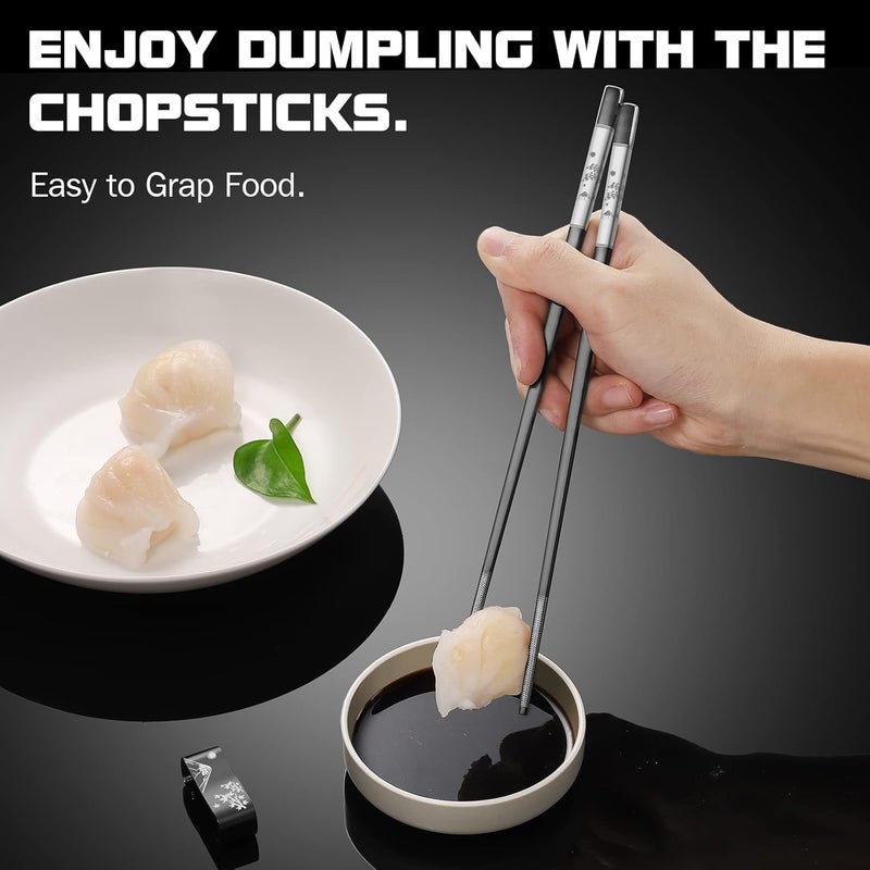 TANiCOO Premium 304 Stainless Steel Chopsticks Set - 2 Pairs Titanium Plated Japanese Style with Laser Engraved Design, Dishwasher Safe, Non-Slip Grip, Elegant Gift Box (Black) - Image 5