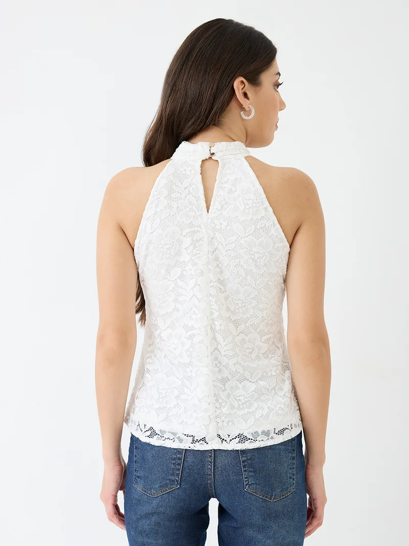 globus Women White Halter Neck Self Design Floral Lace Party Top