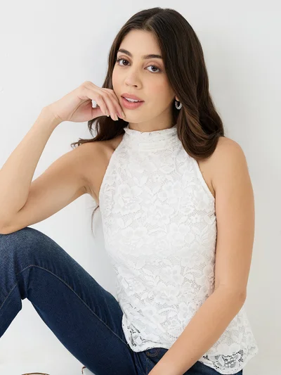 globus Women White Halter Neck Self Design Floral Lace Party Top