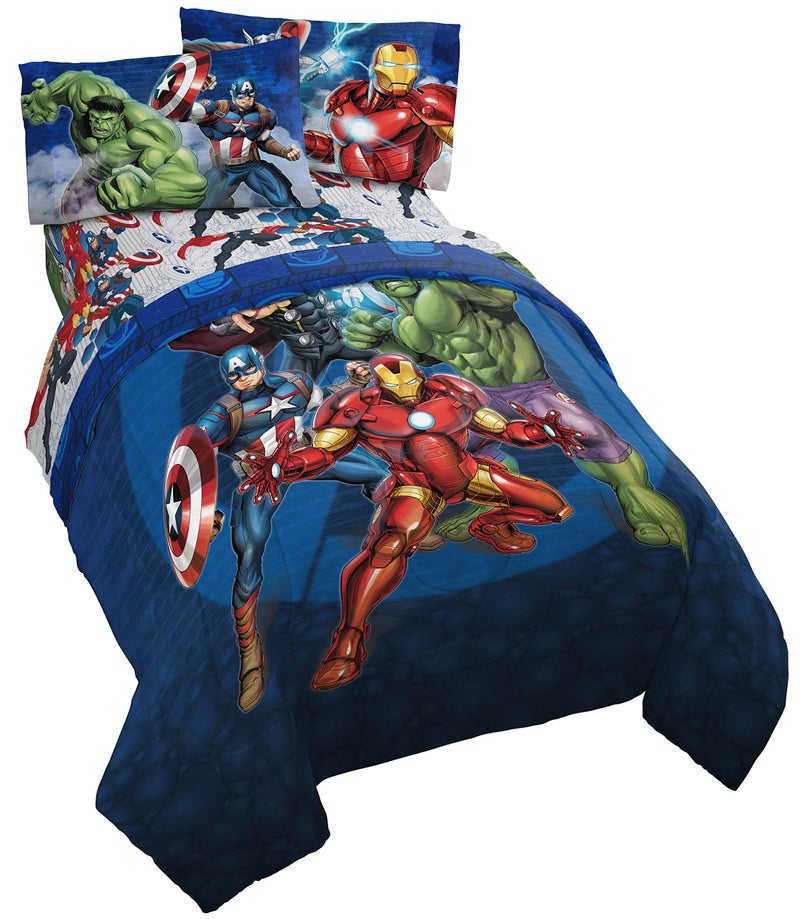 Jay Franco Marvel Avengers Blue Circle 5 Piece Full Bed Set - Includes Reversible Comforter & Sheet Set - Bedding Features Captain America & Iron Man - Fade Resistant Microfiber (Official Marvel Product) - Image 1