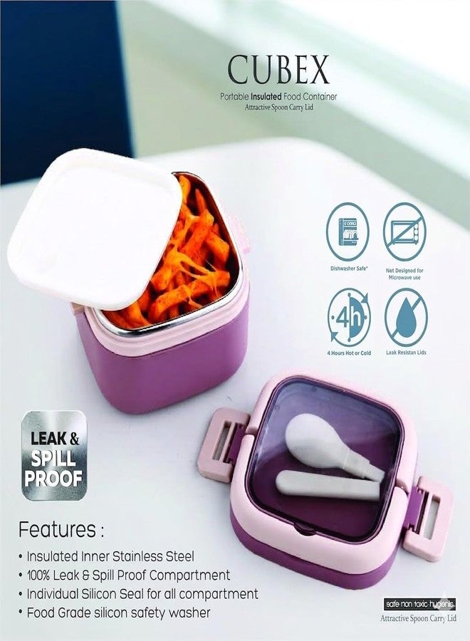 Ganraj 1 Compartment Cubex Insulated Food Container with Attractive Spoon - Airtight Leak-Proof Lunch Box for Office, School, Picnic 380ml - Peach - Image 2