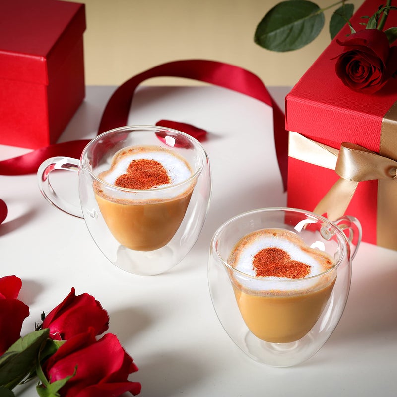 CNGLASS Mothers Day Gifts for Mom,Double Wall Heart Shaped Glass Coffee Mugs 8.5oz,Insulated Clear Tea Cups with Handle,Unique Glass Espresso Mugs for Coffee,Cappuccino,Latte,Milk,Set of 2 - Image 5