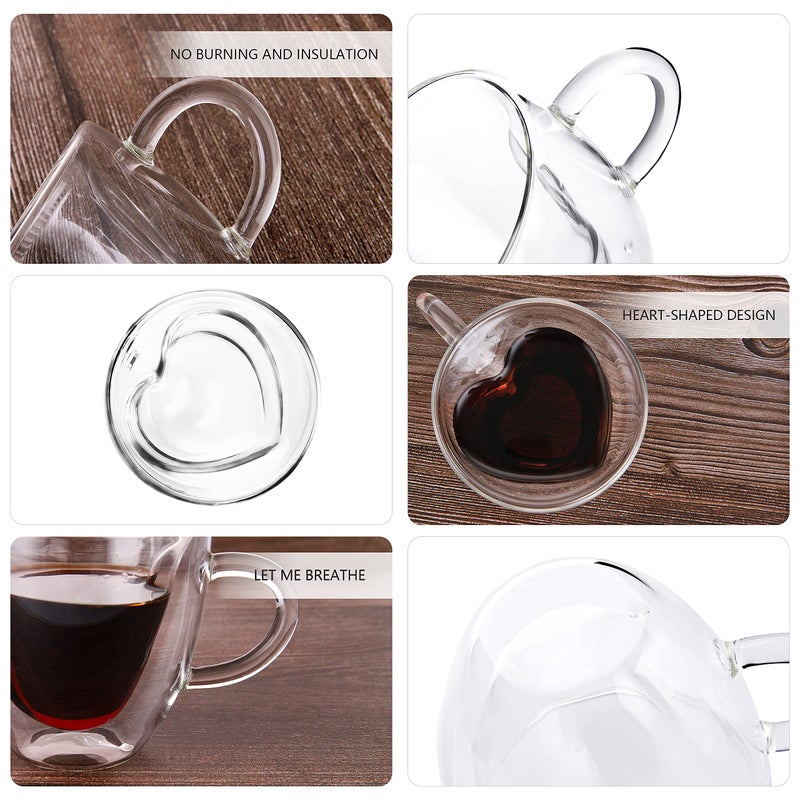CNGLASS Mothers Day Gifts for Mom,Double Wall Heart Shaped Glass Coffee Mugs 8.5oz,Insulated Clear Tea Cups with Handle,Unique Glass Espresso Mugs for Coffee,Cappuccino,Latte,Milk,Set of 2 - Image 2