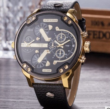 Trendy Large Dial Dual-Time Mens Sports Watch 7333 black belt
