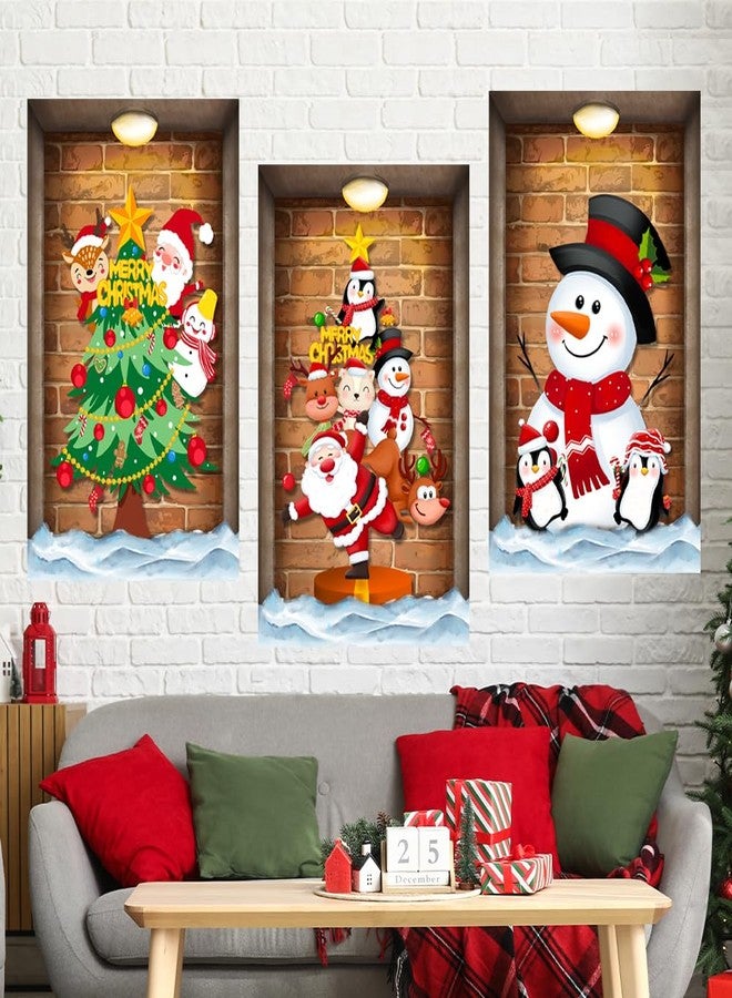 Prabahdak 3 Pcs Christmas Wall Decals Christmas Tree Snowman Santa Claus Faux Closet Wall Stickers 3D Realistic Wall Art Mural for Xmas Holiday Festival Party Supplie - Image 3