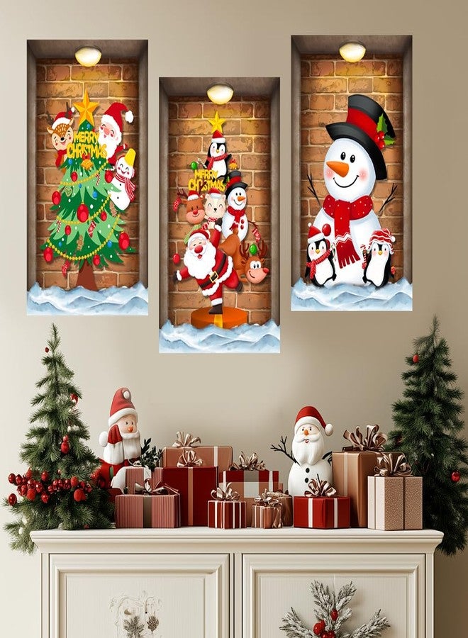 Prabahdak 3 Pcs Christmas Wall Decals Christmas Tree Snowman Santa Claus Faux Closet Wall Stickers 3D Realistic Wall Art Mural for Xmas Holiday Festival Party Supplie - Image 2