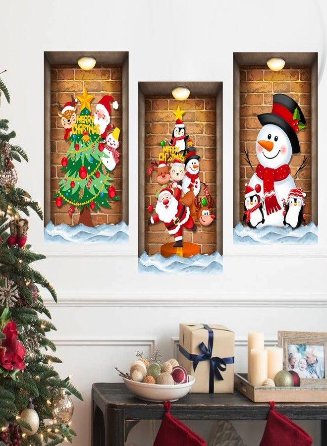 Prabahdak 3 Pcs Christmas Wall Decals Christmas Tree Snowman Santa Claus Faux Closet Wall Stickers 3D Realistic Wall Art Mural for Xmas Holiday Festival Party Supplie - Image 1
