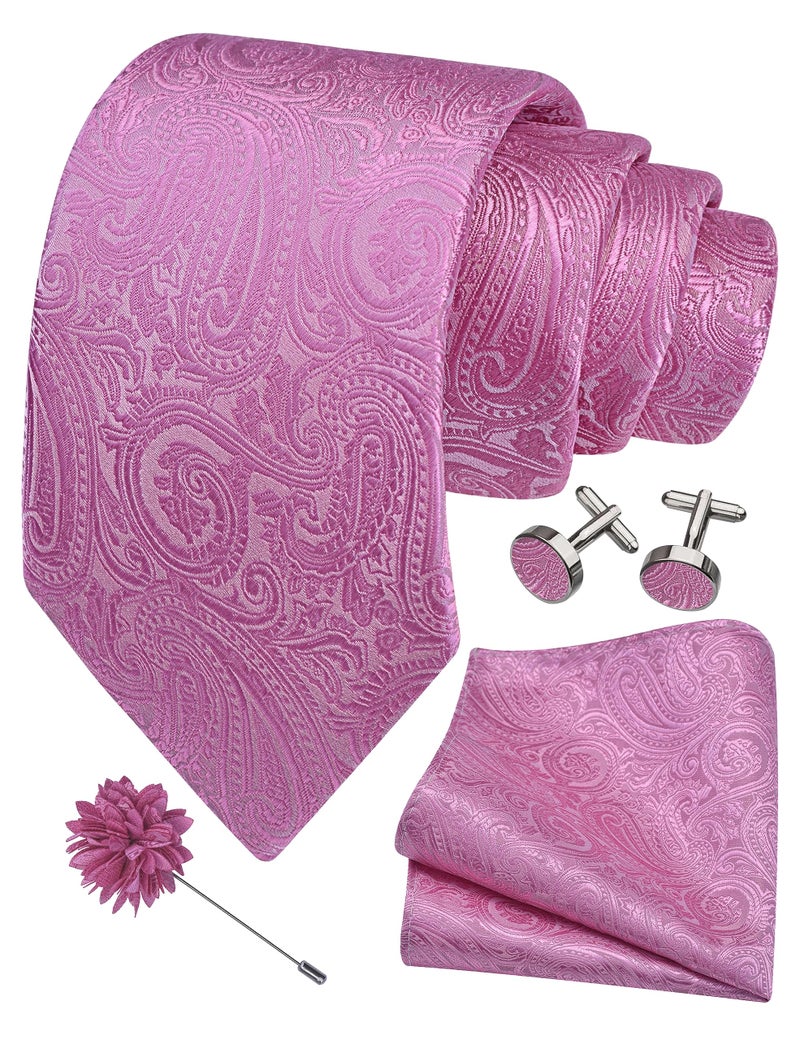 GUSLESON Mens Pink Tie for Wedding Solid Paisley Necktie Pocket Square Cufflinks and Lapel Pin Brooch Set (IN6103-06) - Image 1