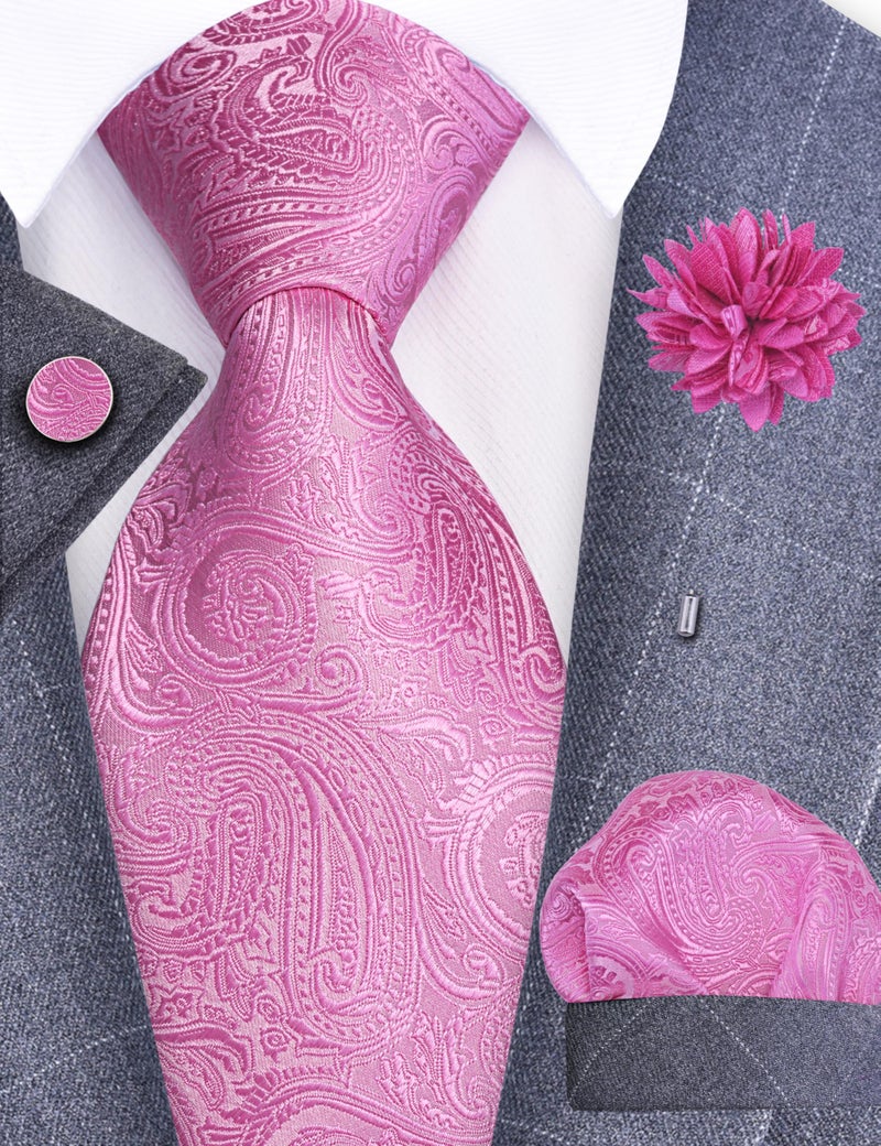 GUSLESON Mens Pink Tie for Wedding Solid Paisley Necktie Pocket Square Cufflinks and Lapel Pin Brooch Set (IN6103-06) - Image 2