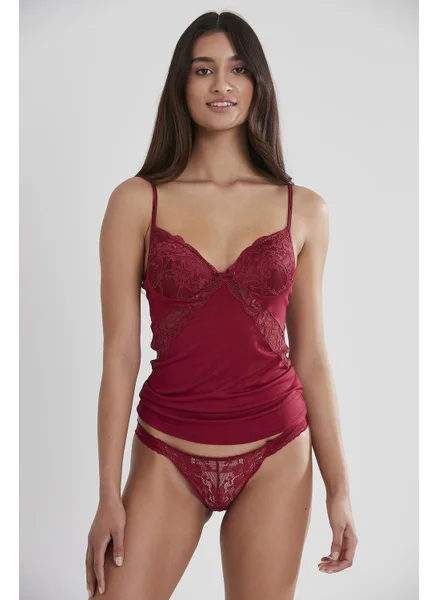 بيير كاردان 356 Women's Lace Combed Cotton Singlet Panties Camisole Set - Claret Red