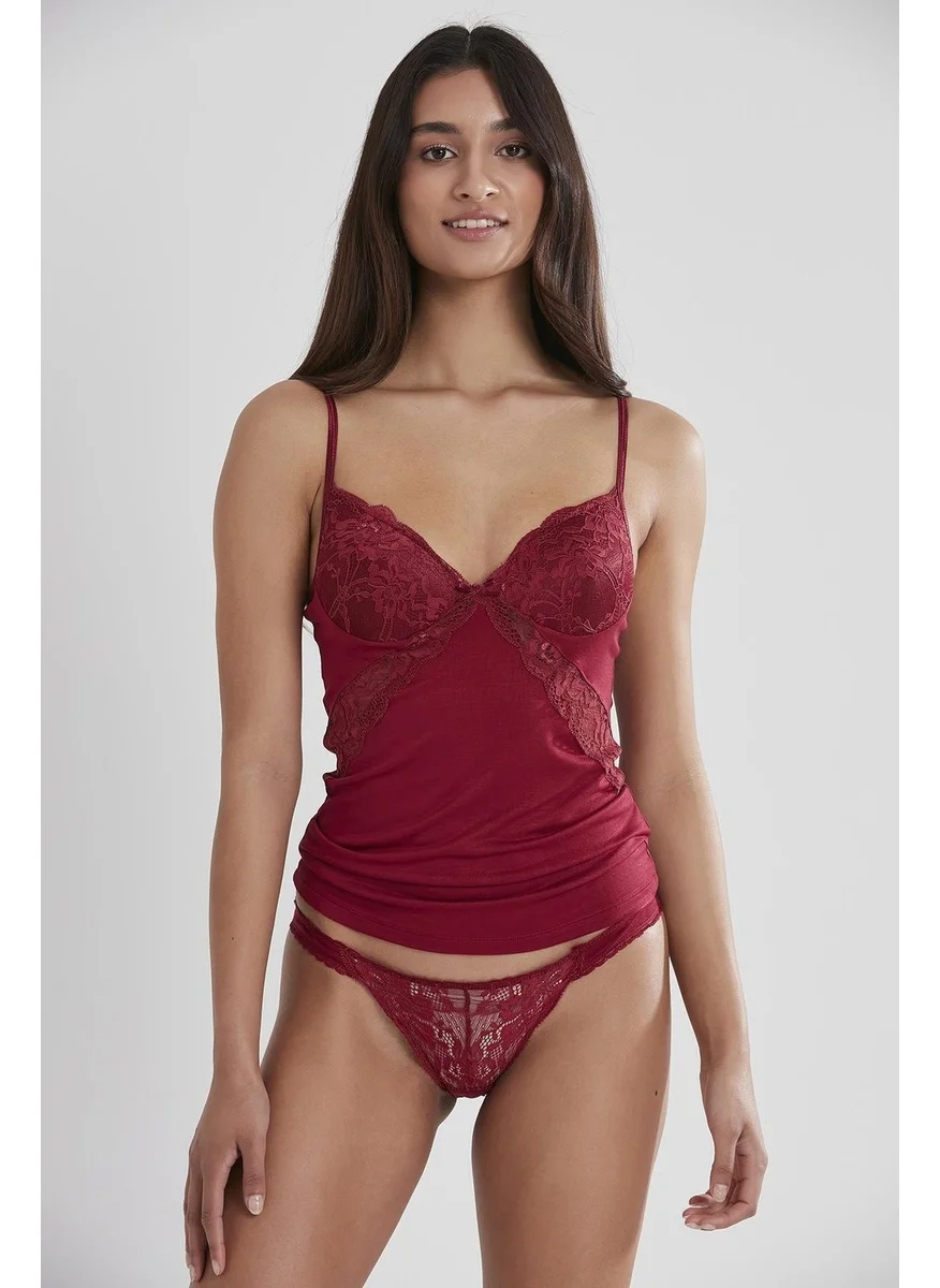 pierre cardin 356 Women's Lace Combed Cotton Singlet Panties Camisole Set - Claret Red