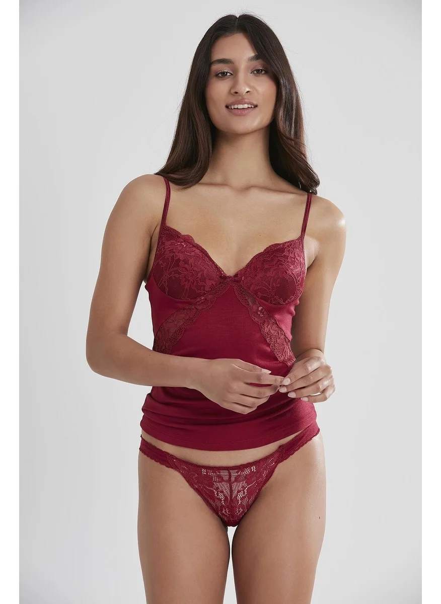 pierre cardin 356 Women's Lace Combed Cotton Singlet Panties Camisole Set - Claret Red