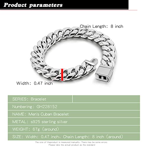 Dankadi Men 925 Sterling Silver Solid Miami Cuban Link Chain Bracelet 12MM- Curb Cuban Bangle 7" 7.5" 8" 8.5" 9" 9.5" 10" Thick Big Link Man Jewelry Gift (Hidden Safety Clasp 12MM, 8 inches) - Image 3