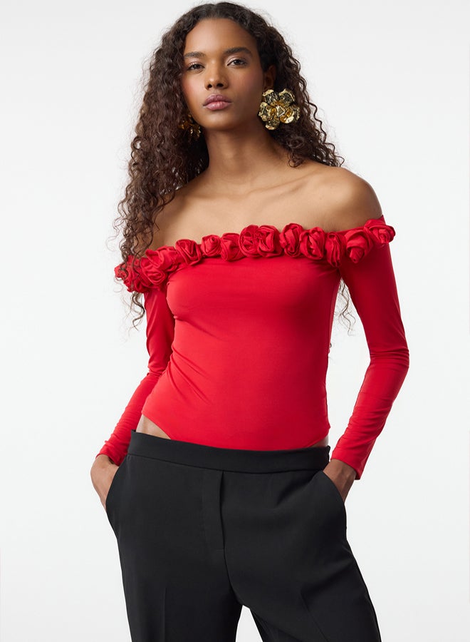 trendyol Red Rose Detailed Knitted Bodysuit TPRAW25BD00015 - Image 1
