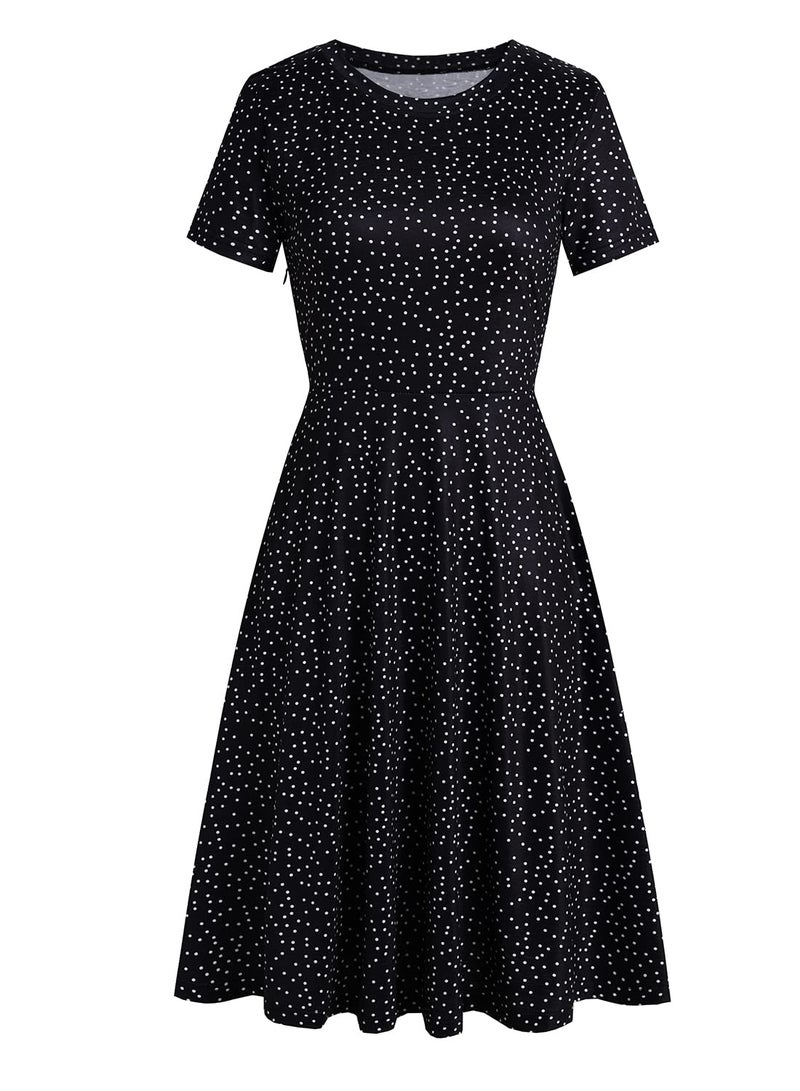 HELYO Women's Elegant Vintage Casual Floral Print Work Party A-Line Swing Dress with Pockets 162 (XL, Black Dot) - Image 3