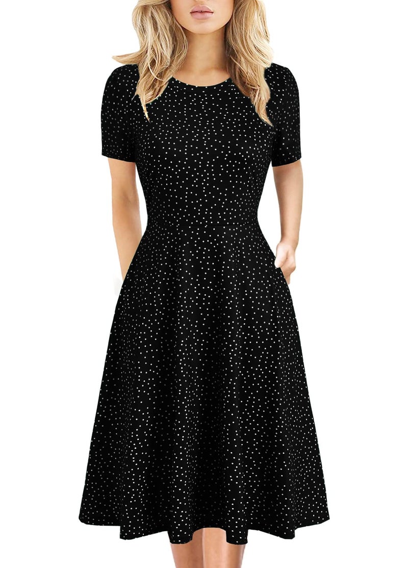 HELYO Women's Elegant Vintage Casual Floral Print Work Party A-Line Swing Dress with Pockets 162 (XL, Black Dot) - Image 1