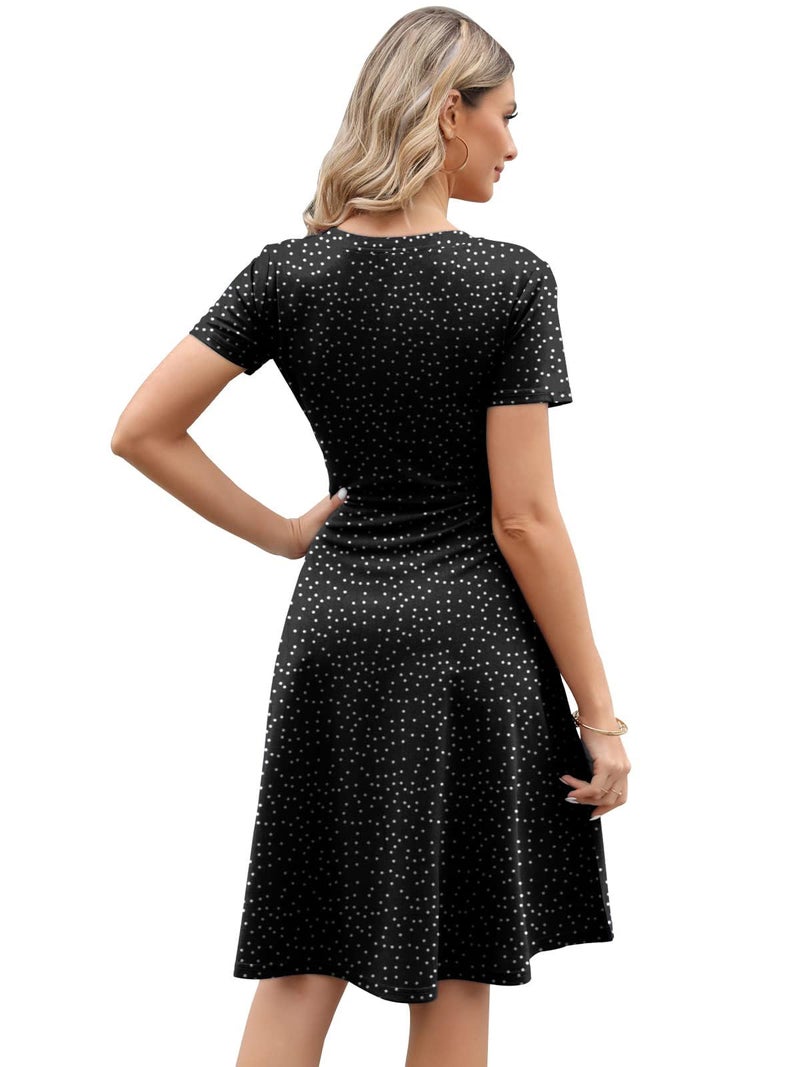HELYO Women's Elegant Vintage Casual Floral Print Work Party A-Line Swing Dress with Pockets 162 (XL, Black Dot) - Image 2