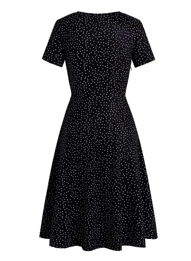 HELYO Women's Elegant Vintage Casual Floral Print Work Party A-Line Swing Dress with Pockets 162 (XL, Black Dot) - Image 4