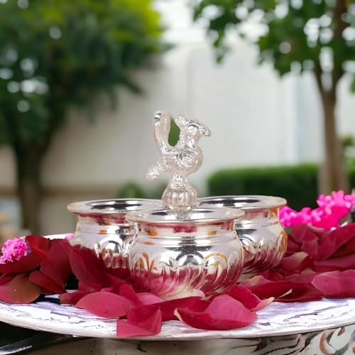 Sigaram German Silver 4x3 Inch Peacock Handle Peacock Handle Panchwala Kum Kum Bharani for Home Pooja Decor K2569 - Image 4