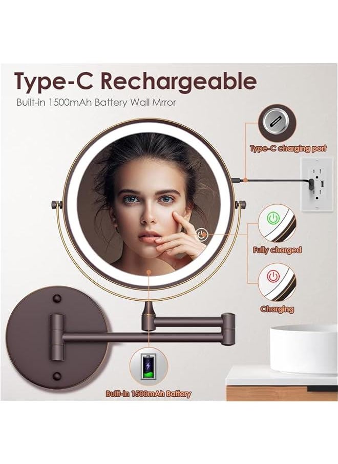 8 Inch Double-Sided Lighted Makeup Mirror with 1X/10X Magnification, Rechargeable LED Vanity Mirror with Touch Screen Dimmable 3 Color Lights, 360° Swivel and 13 Inch Extendable