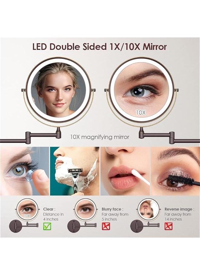 8 Inch Double-Sided Lighted Makeup Mirror with 1X/10X Magnification, Rechargeable LED Vanity Mirror with Touch Screen Dimmable 3 Color Lights, 360° Swivel and 13 Inch Extendable