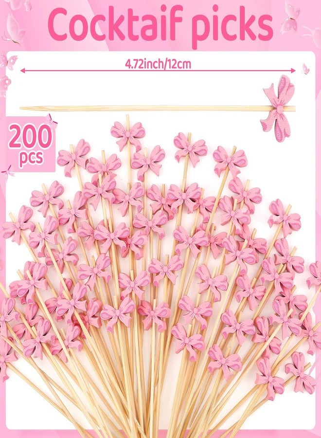 meekoo 200 Pcs Coquette Pink Bow Cocktail Picks 4.72 Inch Bamboo Swizzle Stick Toothpicks for Appetizers Fruit Drinks Birthday Bridal Wedding Baby Shower Party Decor - Image 3