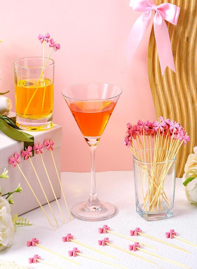 meekoo 200 Pcs Coquette Pink Bow Cocktail Picks 4.72 Inch Bamboo Swizzle Stick Toothpicks for Appetizers Fruit Drinks Birthday Bridal Wedding Baby Shower Party Decor - Image 2