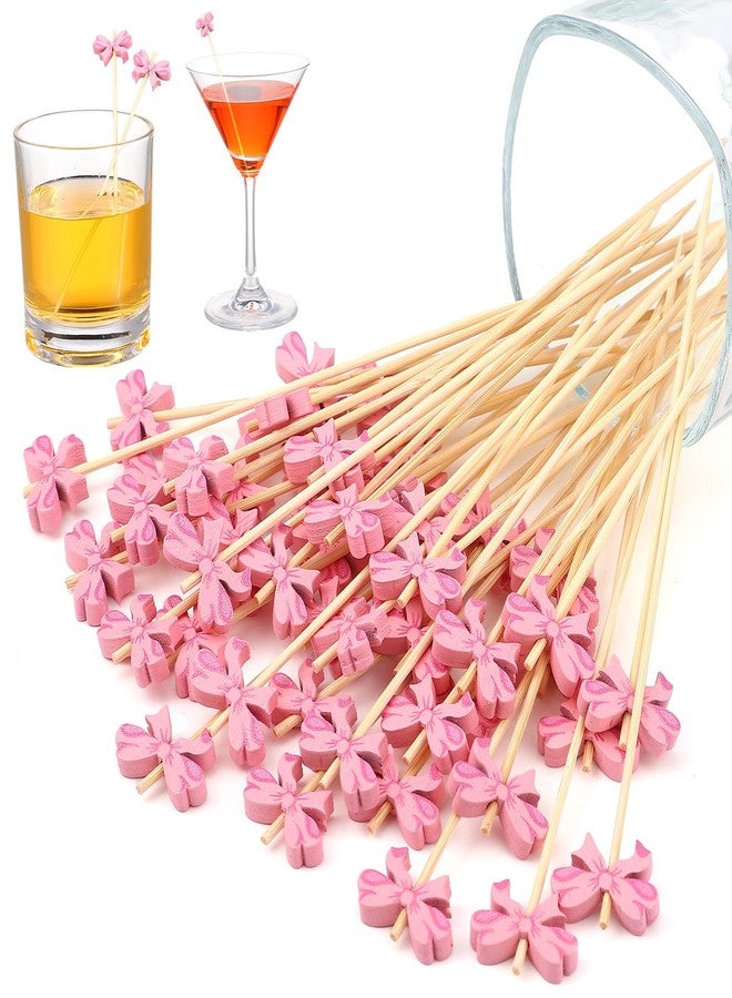 meekoo 200 Pcs Coquette Pink Bow Cocktail Picks 4.72 Inch Bamboo Swizzle Stick Toothpicks for Appetizers Fruit Drinks Birthday Bridal Wedding Baby Shower Party Decor - Image 1