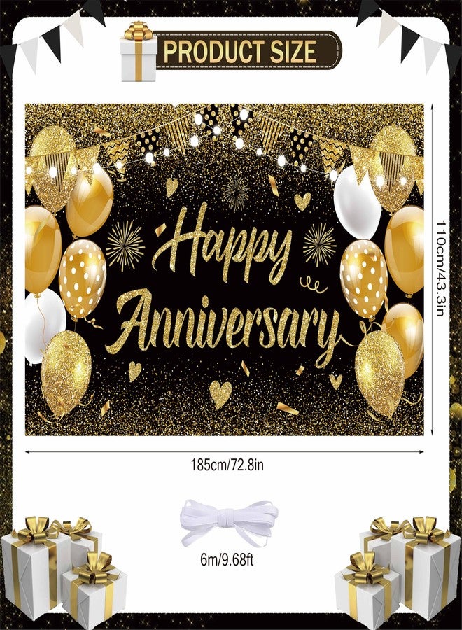 GOLDCROW Black Gold Happy Wedding Anniversary Banner for 5 10 15 20 25 30 40 50 for Couple, Happy Anniversary Decorations, Surprise for Parents Cheers to Wedding Supplies 71x43in - Image 2