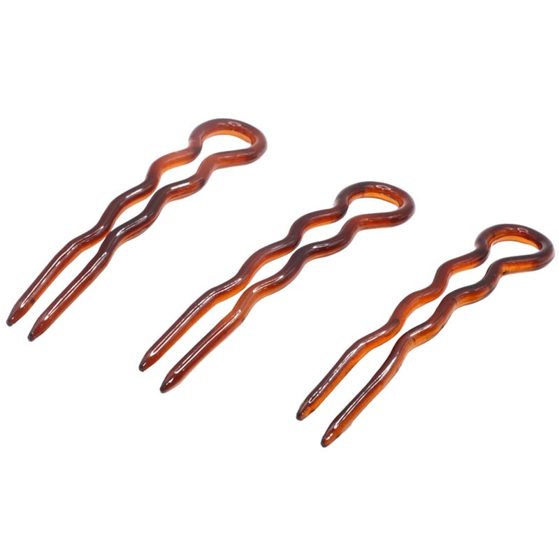 Parcelona French Slick Medium 3 Inch Tortoise Shell Wavy Crink U Shaped Chignon Bun Hair Pin 3 Pins ShellBrown