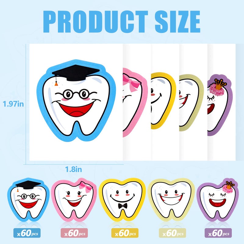 Jecery 300 Pcs Tooth Stickers Funny Teeth Shaped Dental Stickers for Kids Classroom Party Prizes Car Office Wall Laptop Windows, 5 Designs(Tooth Shaped) - Image 2