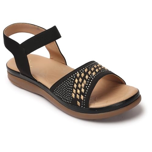 XE Looks Women's Black Flat Sandals | Embellished Perforated Upper with Elastic Backstrap | Lightweight and Comfortable | Graceful & Modern Siroski Sandals For Girls & Women - Image 5