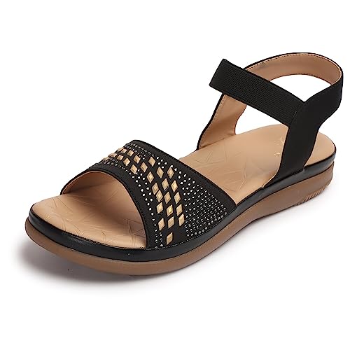 XE Looks Women's Black Flat Sandals | Embellished Perforated Upper with Elastic Backstrap | Lightweight and Comfortable | Graceful & Modern Siroski Sandals For Girls & Women - Image 1