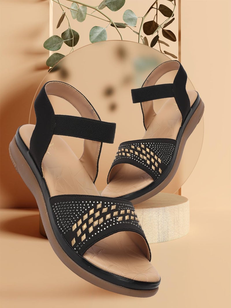 XE Looks Women's Black Flat Sandals | Embellished Perforated Upper with Elastic Backstrap | Lightweight and Comfortable | Graceful & Modern Siroski Sandals For Girls & Women - Image 2