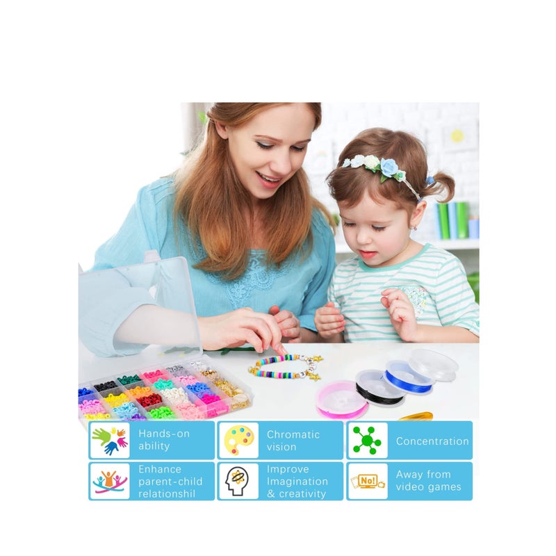 SOLARAE Clay Beads for Bracelet Making 6mm Flat Round Polymer Clay Heishi Beads with Pendant Charms Kit Letter Beads and Elastic Strings for DIY Bracelets Necklace Jewelry Making - Image 5