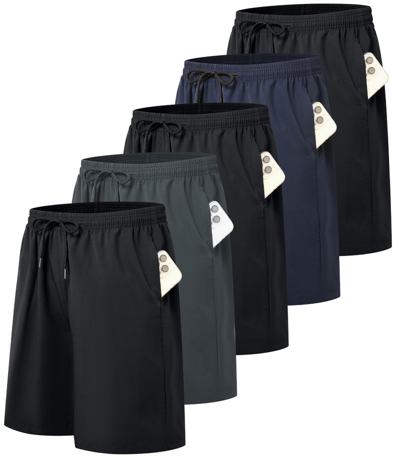 Kinglaman 5 Pack Mens Athletic Gym Workout Shorts Quick Dry Basketball Running Lightweight Shorts with Pockets 3 Black 1 Blue 1 Gray Large - Image 1