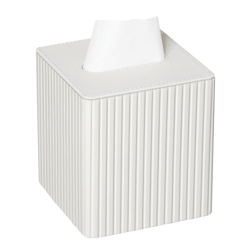 MEIBOOCH PU Leather Tissue Box Cover Square Tissue Box Holder with Magnetic Closure Ivory Stripe