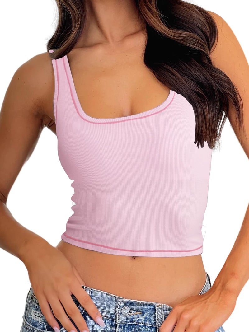 Danysu Women Cotton Rib Tank Top with Built in Bra Square Neck Crop Tank Fitted Basic Tops Blossom Pink XS - Image 1