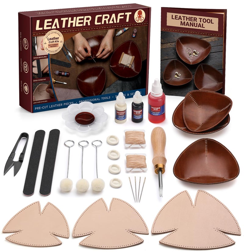 CBHGFEA Leather Tooling Kit Leather Tray Kit (S, M, L) with Vegetable Tanned Edge Beveler Wax Thread and Step-by-Step Video Tutorial for Crafting Desktop Storage Set for Adults - Image 1