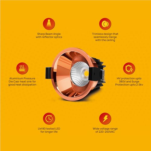 Wipro 7 Watt Alpha Trimless Gold E26 Medium LED COB | Warm White (2700K) | Aluminium PDC Heat Sink | Sharp Beam Angle with Reflector for Home, Office and Store Cabinet Display | Pack of 4 - Image 5