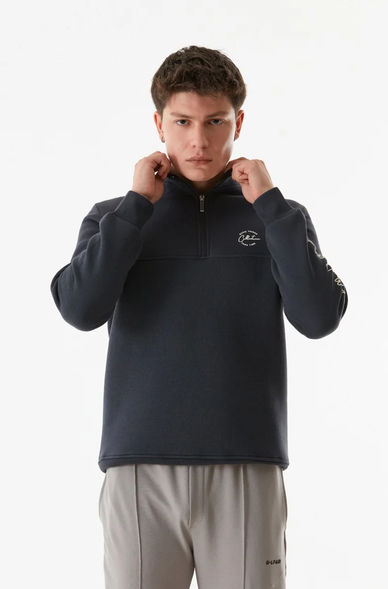 FullaModa Text Printed Half Zipper Stand Collar Sweatshirt