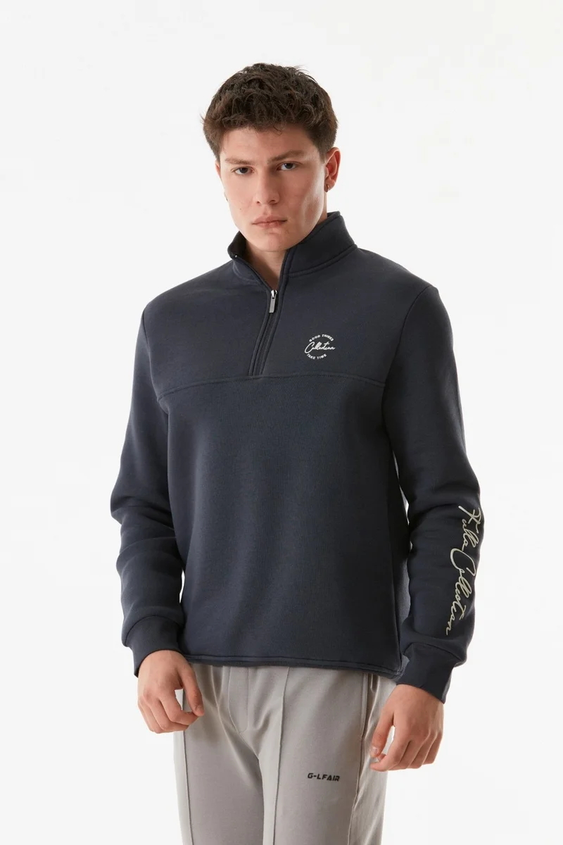 FullaModa Text Printed Half Zipper Stand Collar Sweatshirt