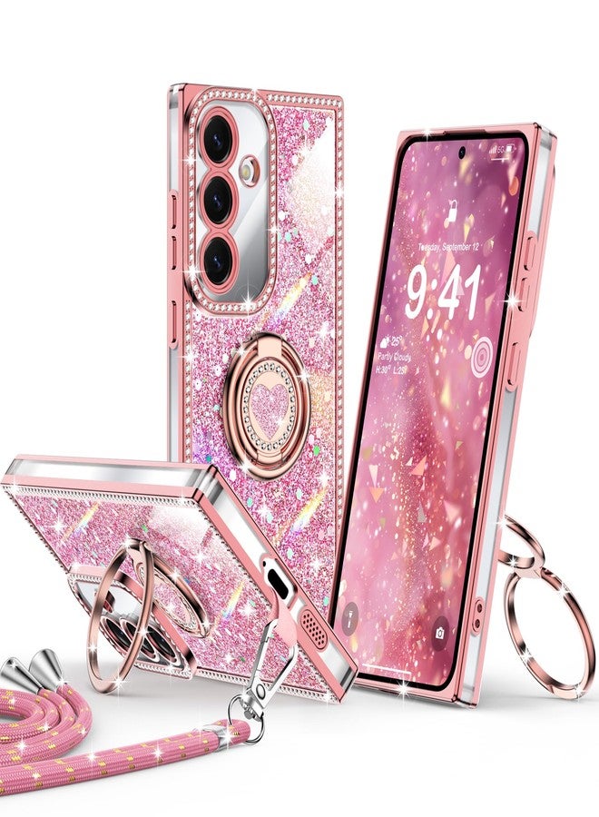 XYZ جراب XYZ لهاتف Galaxy S25، غطاء هاتف S24 لامع مع حامل على شكل قلب بحلقتين وحبل، جراب فاخر مرصع بأحجار الراين مقاوم للصدمات للنساء والفتيات لهاتف Samsung S25/S24، وردي - Image 1