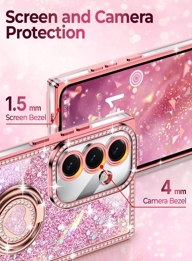 XYZ جراب XYZ لهاتف Galaxy S25، غطاء هاتف S24 لامع مع حامل على شكل قلب بحلقتين وحبل، جراب فاخر مرصع بأحجار الراين مقاوم للصدمات للنساء والفتيات لهاتف Samsung S25/S24، وردي - Image 4