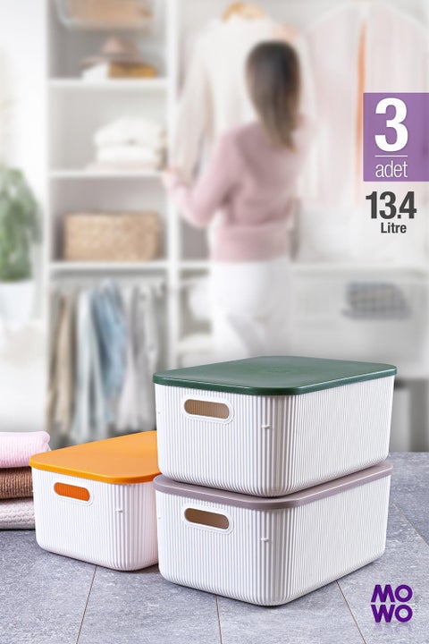 Trove 3 Pieces 13.4 Lt (White) Organizer Box with Lid, Decorative Storage Box