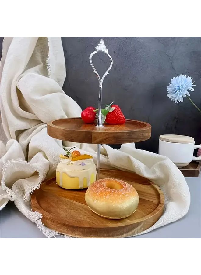 Golden Double Layer Acacia Wood Cake Stand Dessert Tray With Metal Handles - Image 2