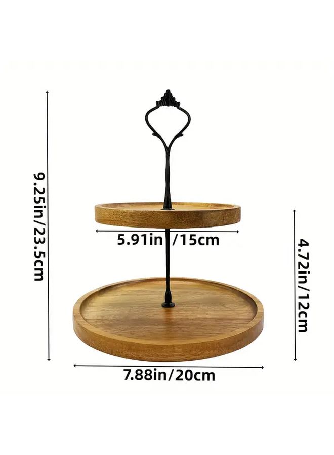 Golden Double Layer Acacia Wood Cake Stand Dessert Tray With Metal Handles - Image 3