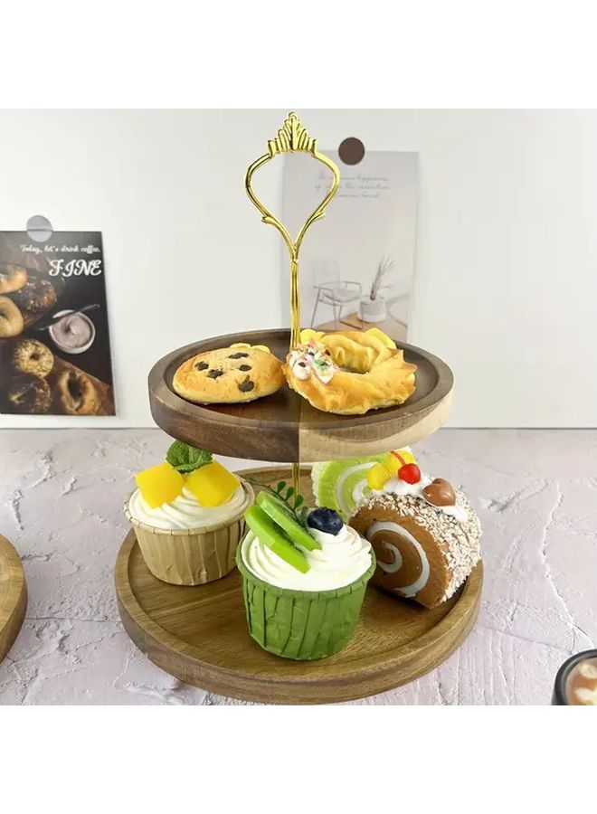 Golden Double Layer Acacia Wood Cake Stand Dessert Tray With Metal Handles - Image 4
