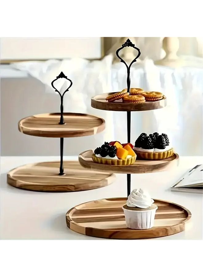 Golden Double Layer Acacia Wood Cake Stand Dessert Tray With Metal Handles - Image 1